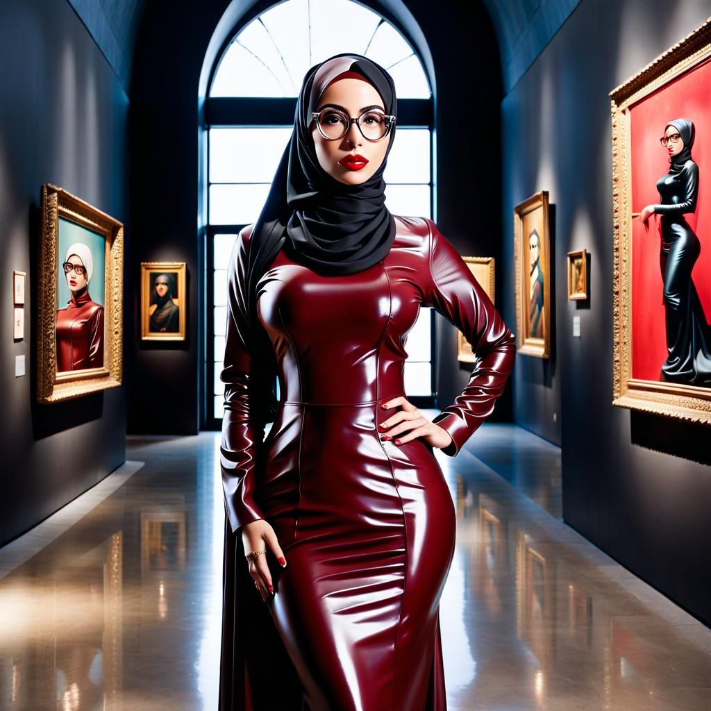 Glittering Hijabi Secretary in Art Museum Painting