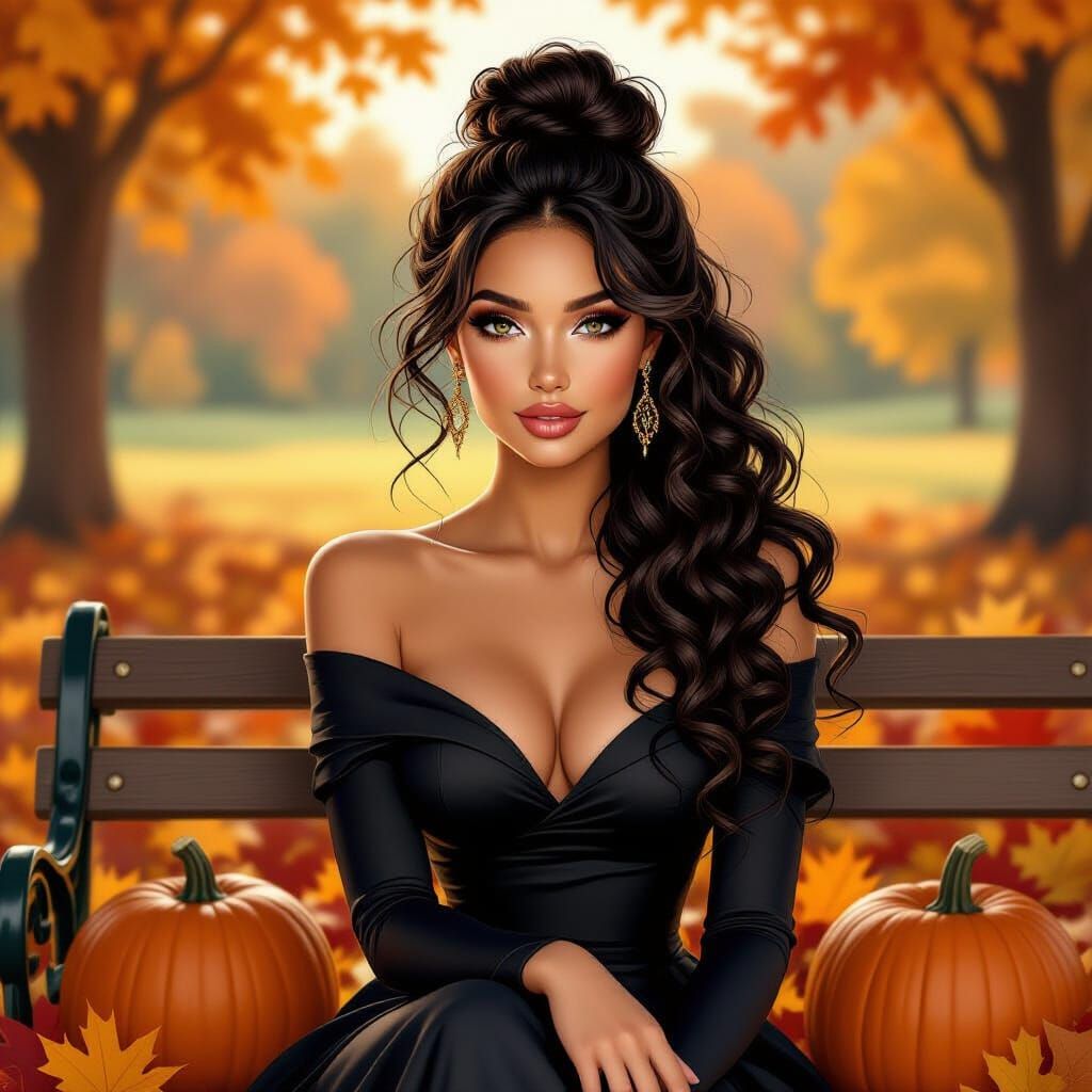 Radiant Elegant Woman Portrait in Autumn Landscape