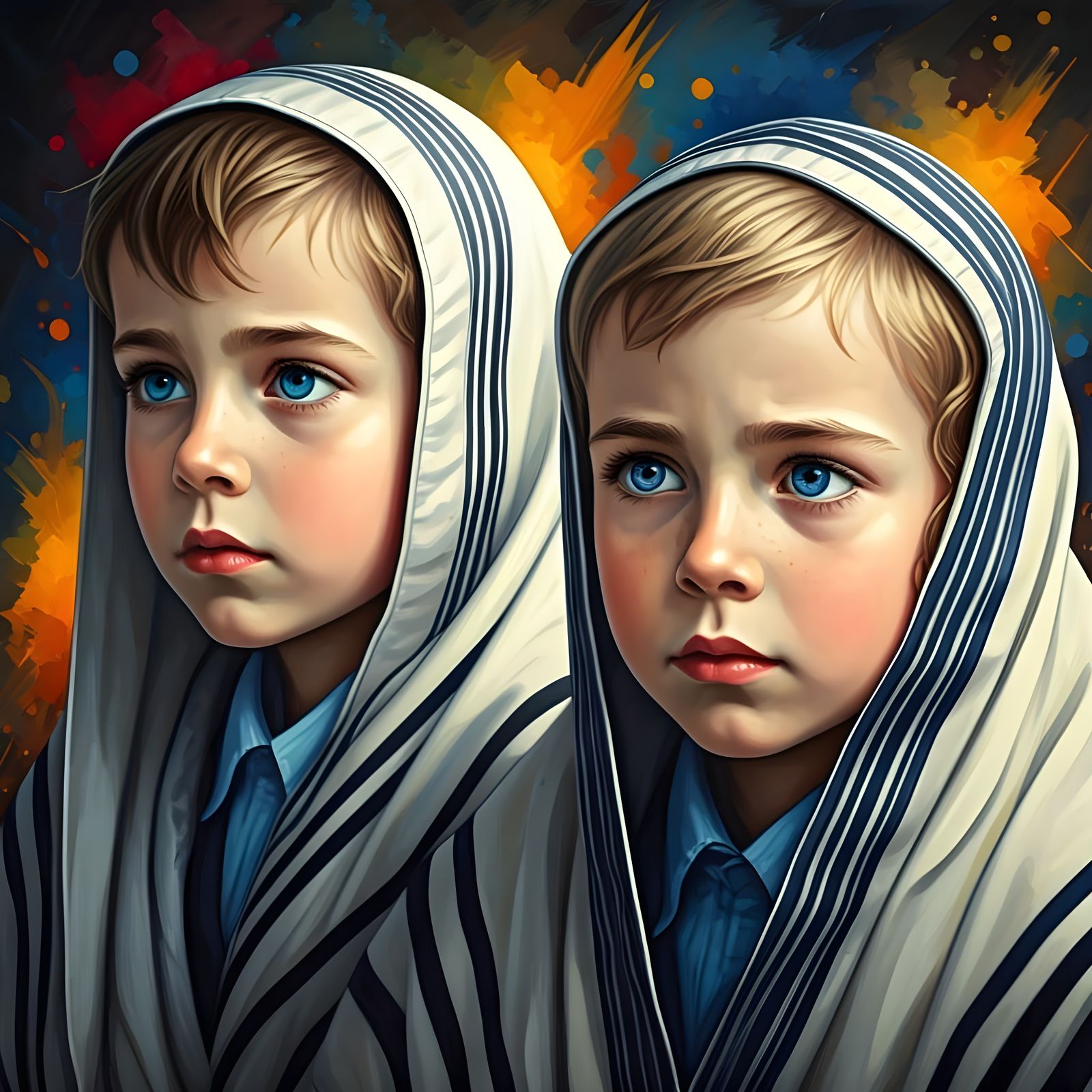 Hasidic Children in Prayer Shawls, Hyperrealistic Art