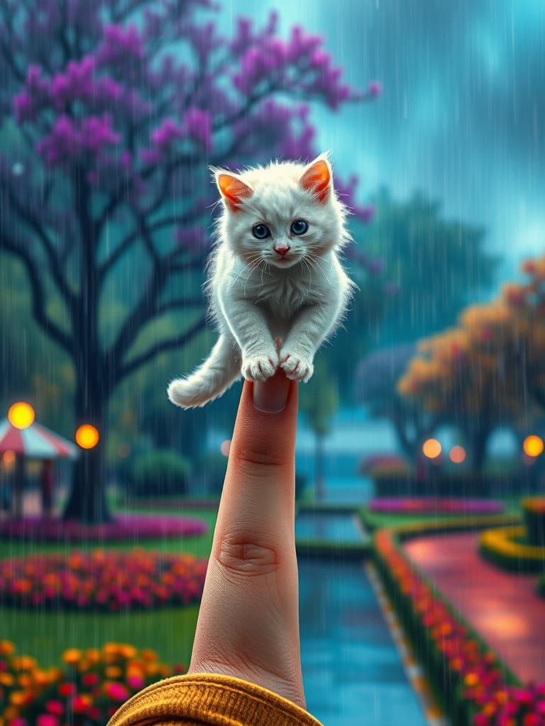 Whimsical Cat Play in Rainy Park Scene