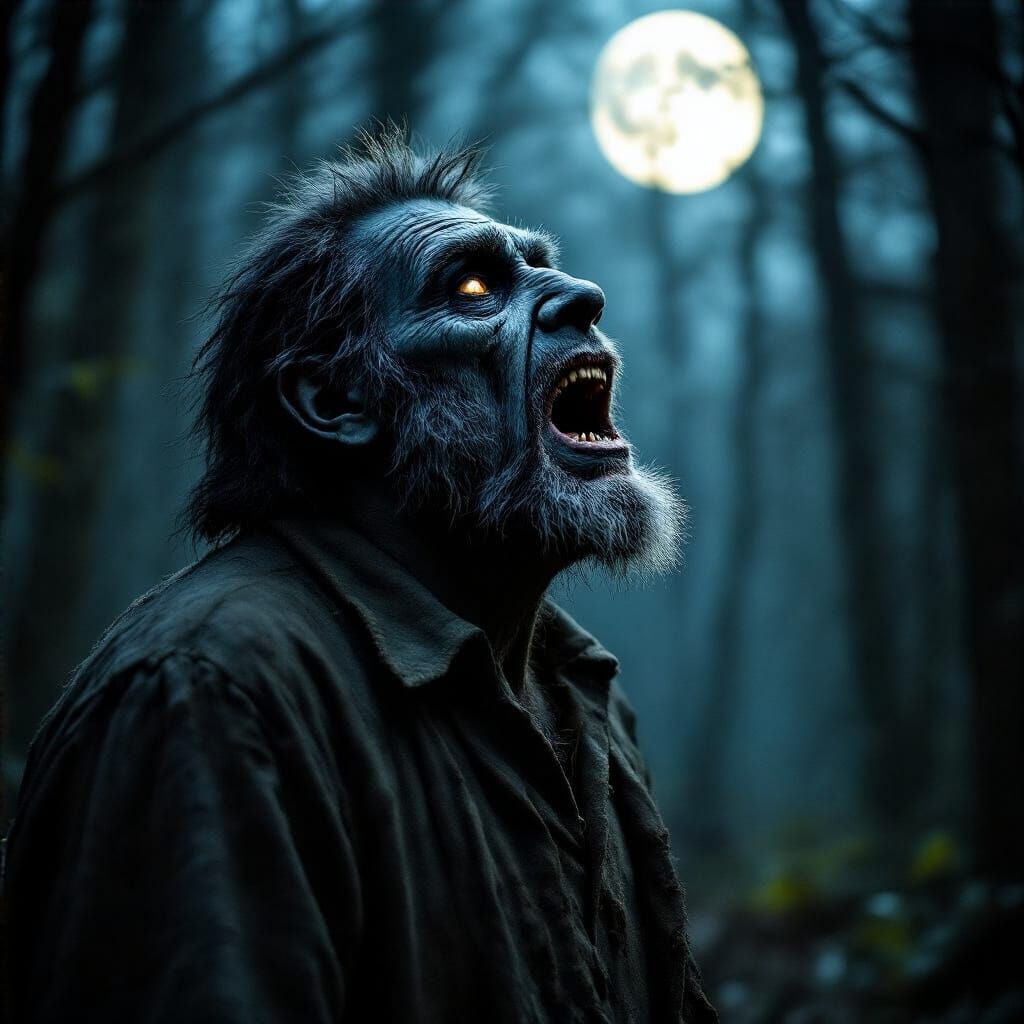 Wolfman Howling at Moon in Haunted Forest