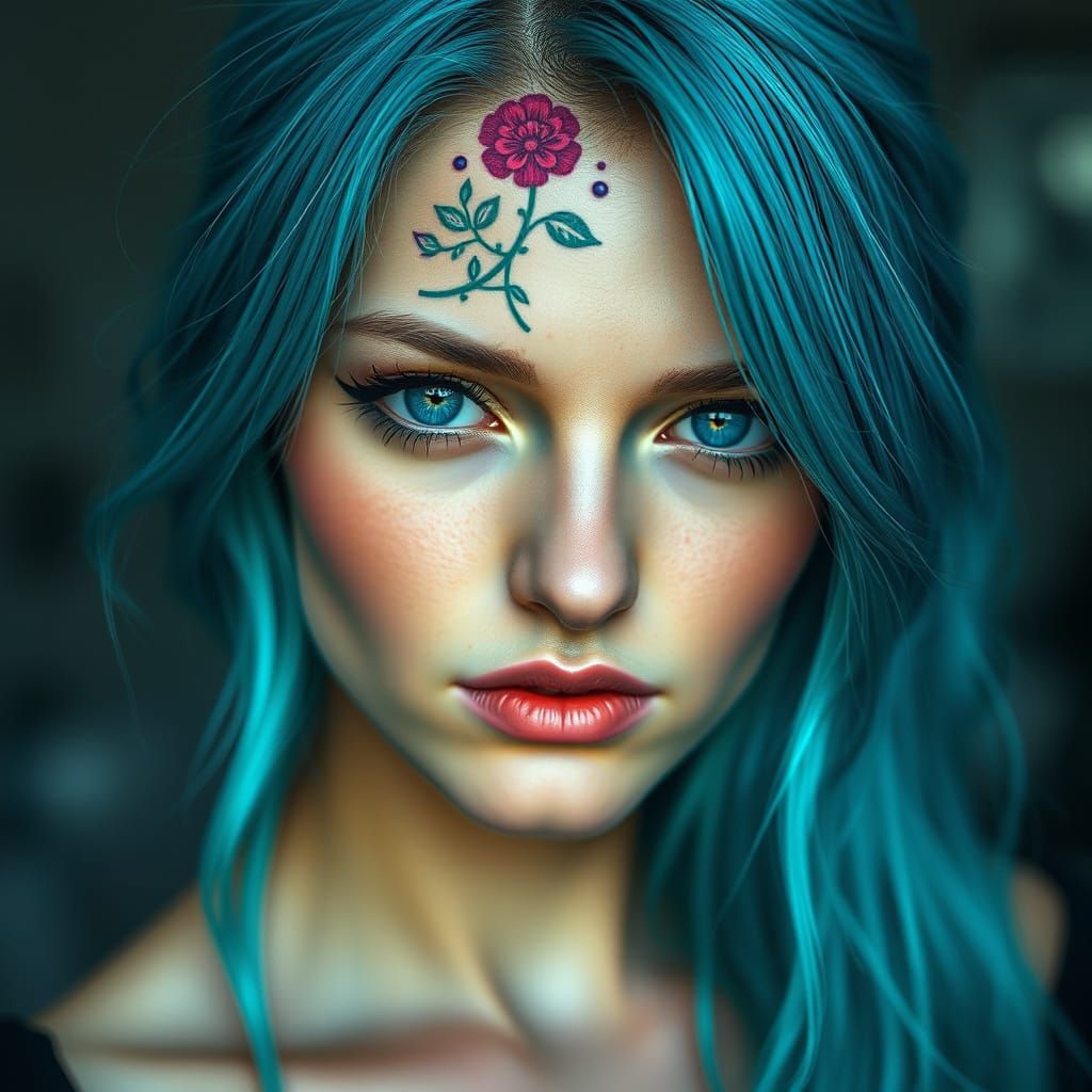 Vibrant Turquoise Goddess with Ethereal Expression