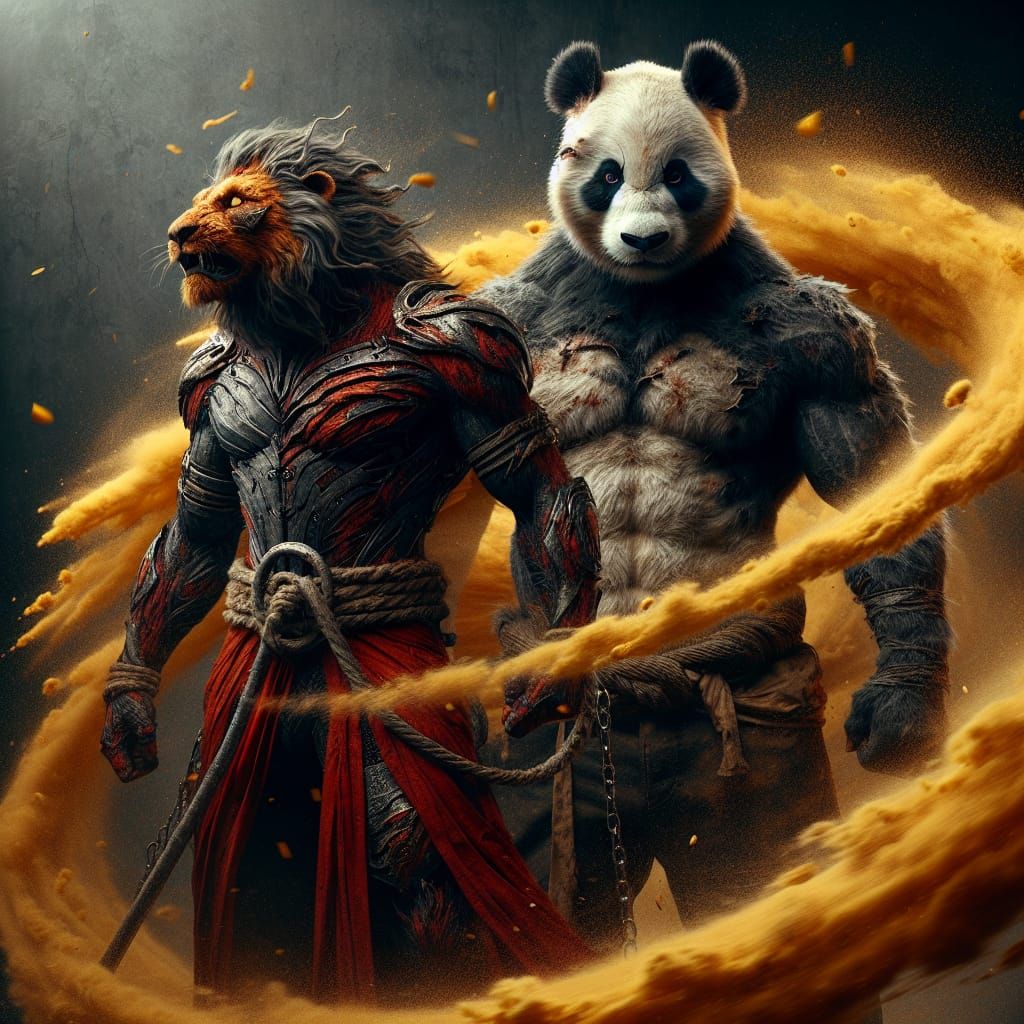 Anthropomorphic Panda Warrior and Lion in Dust Storm