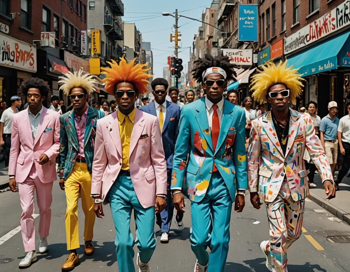 Men in Flamboyant Outfits Run Through Pastel City