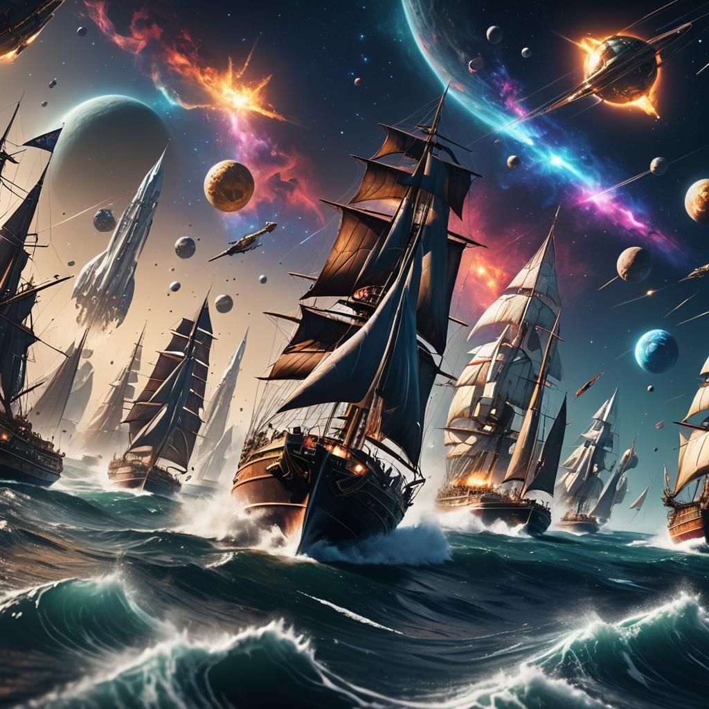 Sailboats Racing Through Space: Detailed Matte Painting