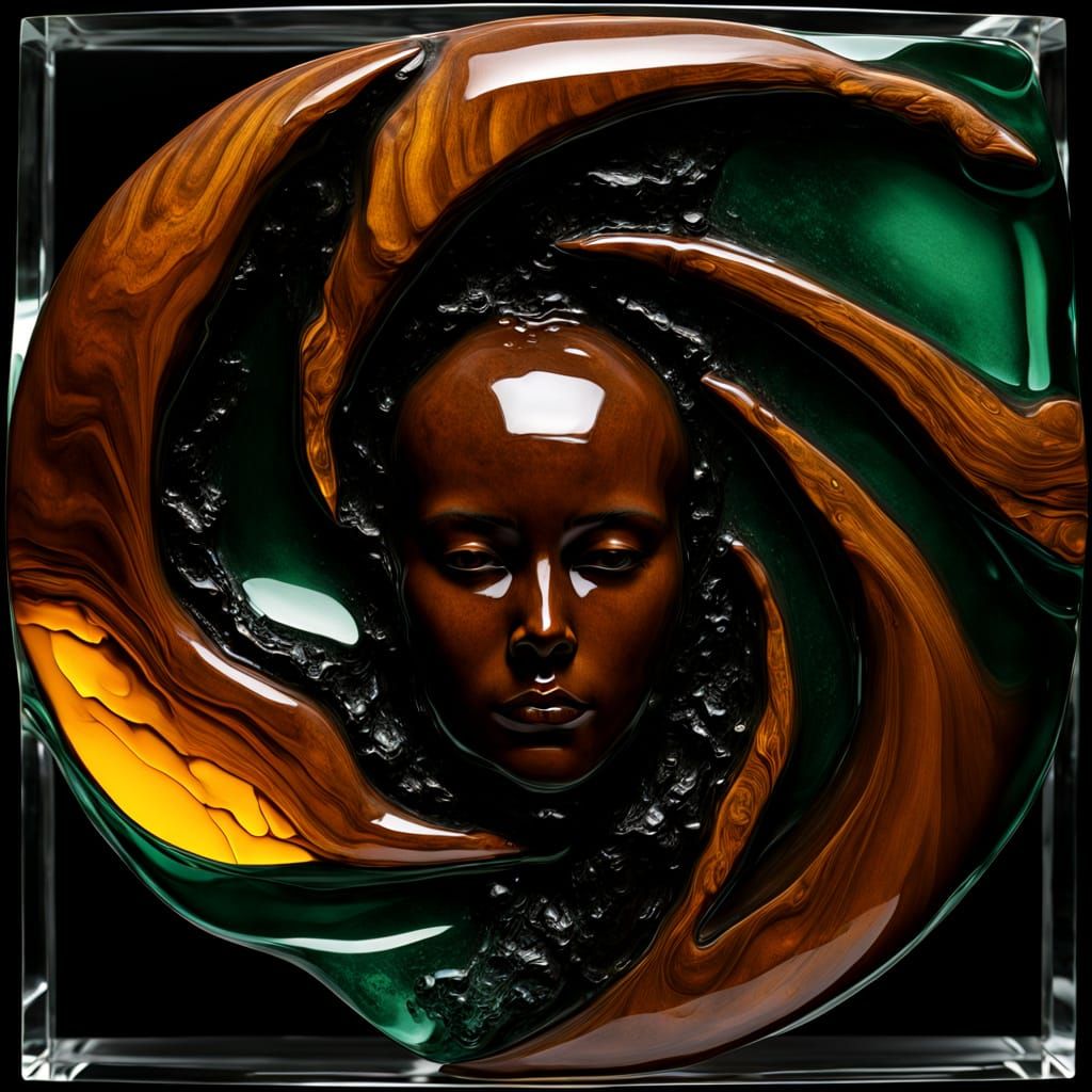 Teak Sculpture with Wave Vortex in Giger Moebius Style