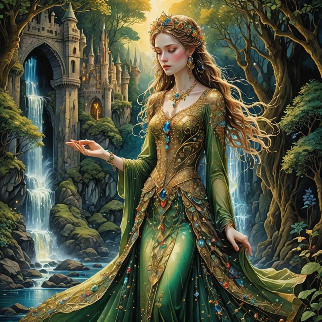 Graceful Lady in Front of Crystalline Castle