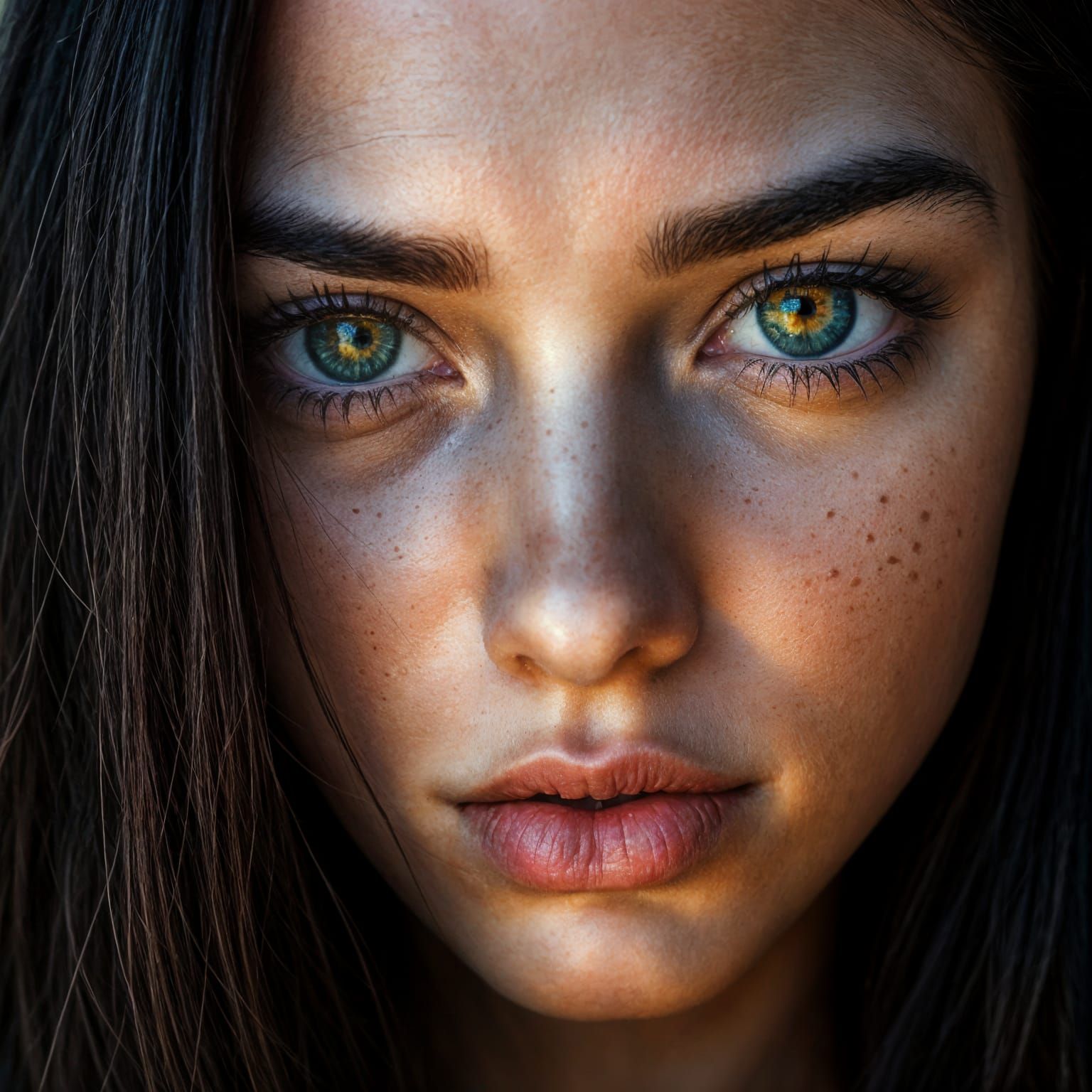 Moody Portrait of a Young Woman with Freckles and Green Eyes