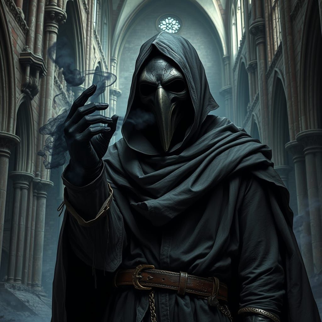 Plague Doctor in Ruined Cathedral with Black Mist
