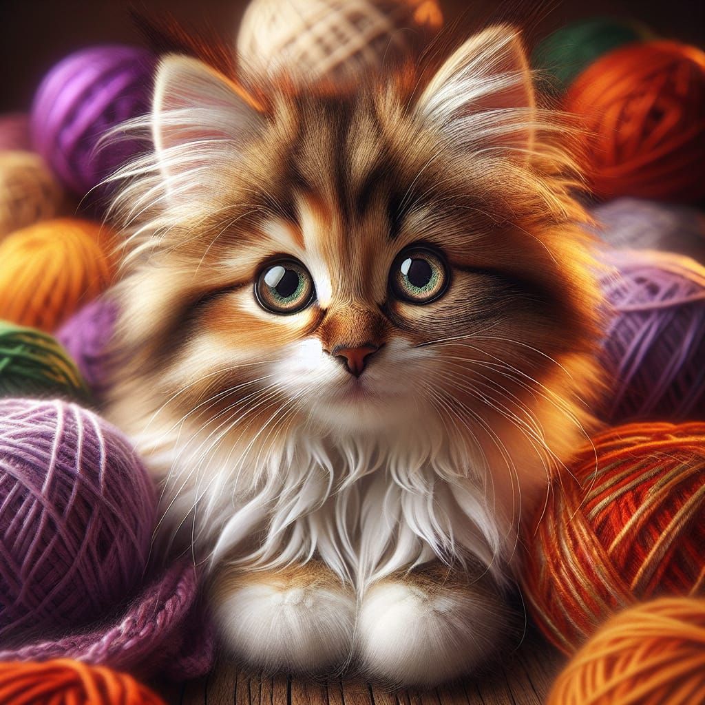 Adorable Fluffy Kitten with Yarn Balls