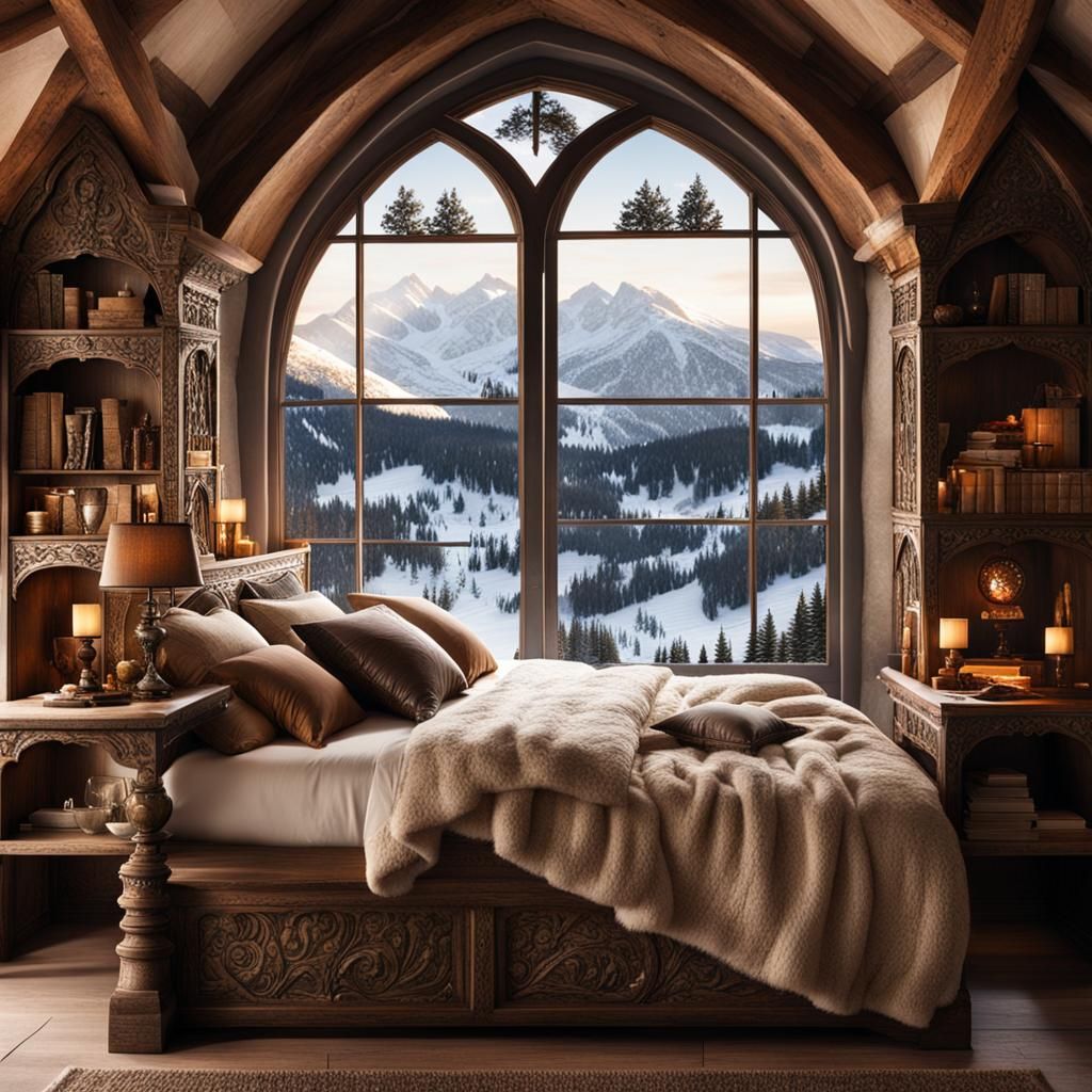 Medieval Fantasy Bedroom with Snowy Landscape View