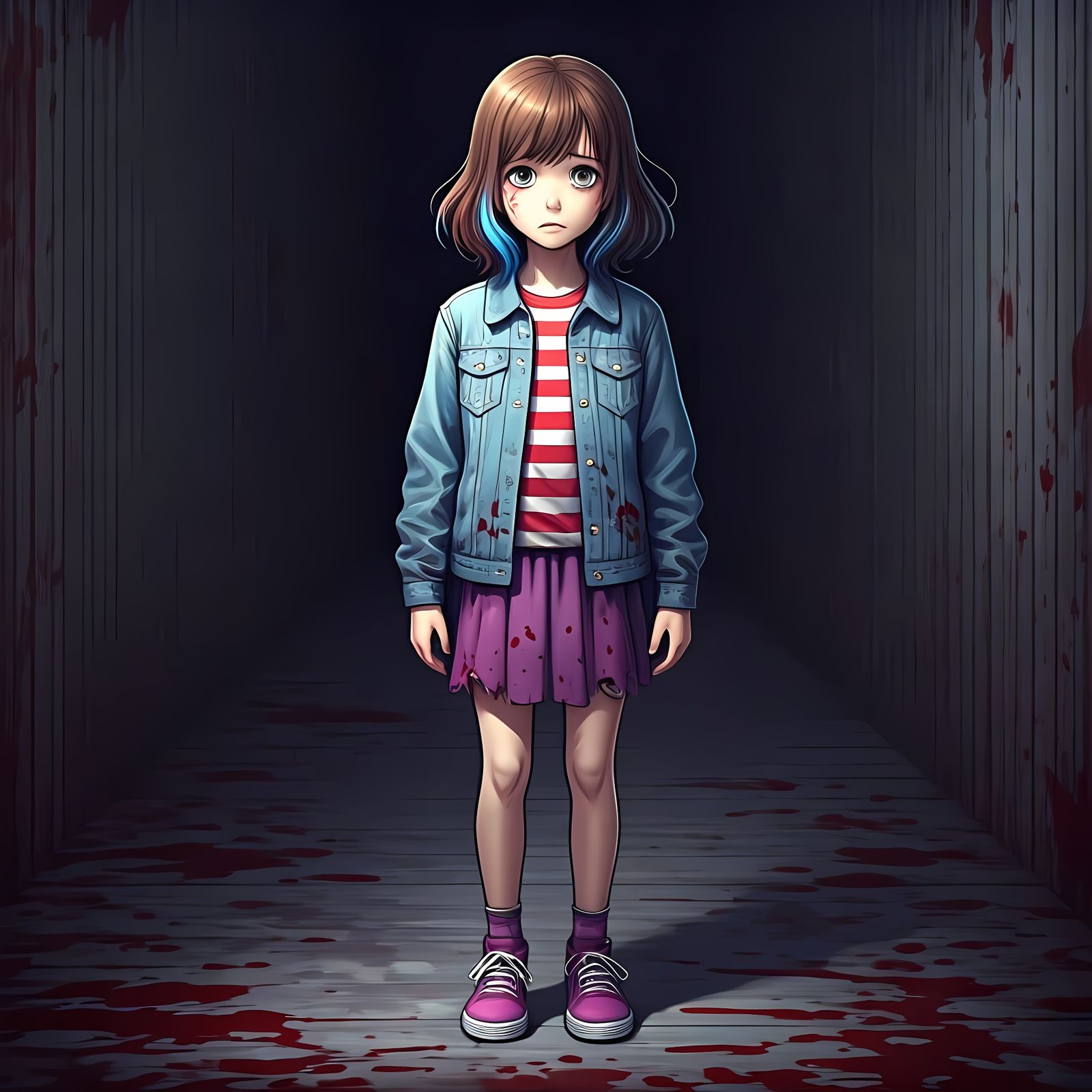 Mysterious Young Girl Haunted by Dark Forces in Red and Purp...