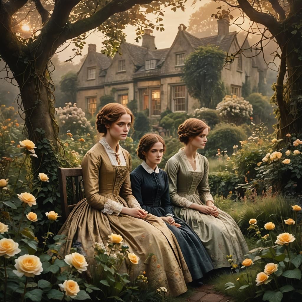 Bronte Sisters in English Garden, Romantic Watercolor