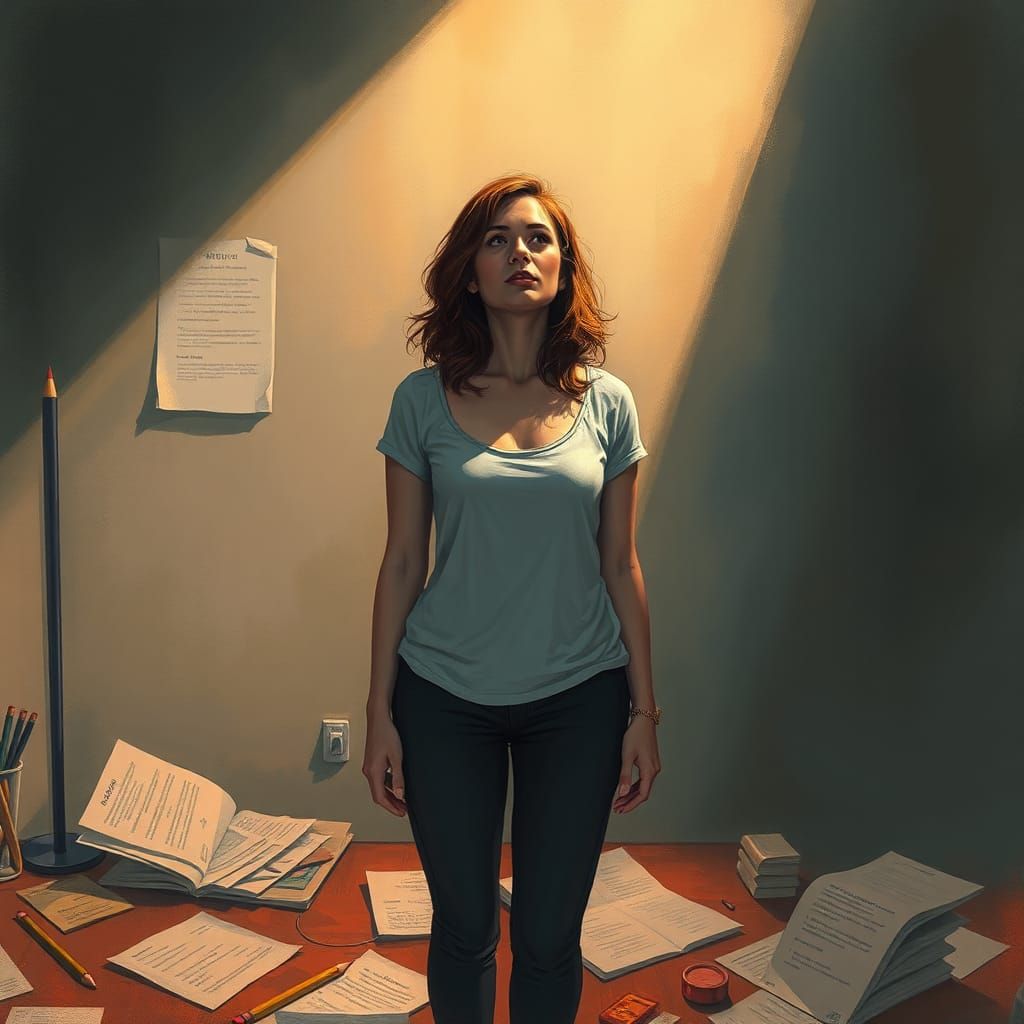 Contemplative Woman in Dimly Lit Room: Digital Painting