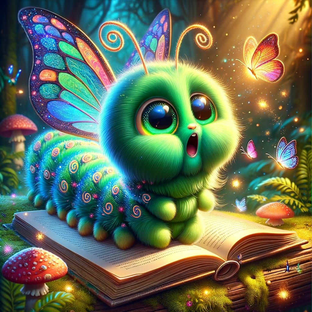 Whimsical Caterpillar's Magical Book: A Surreal Illustration