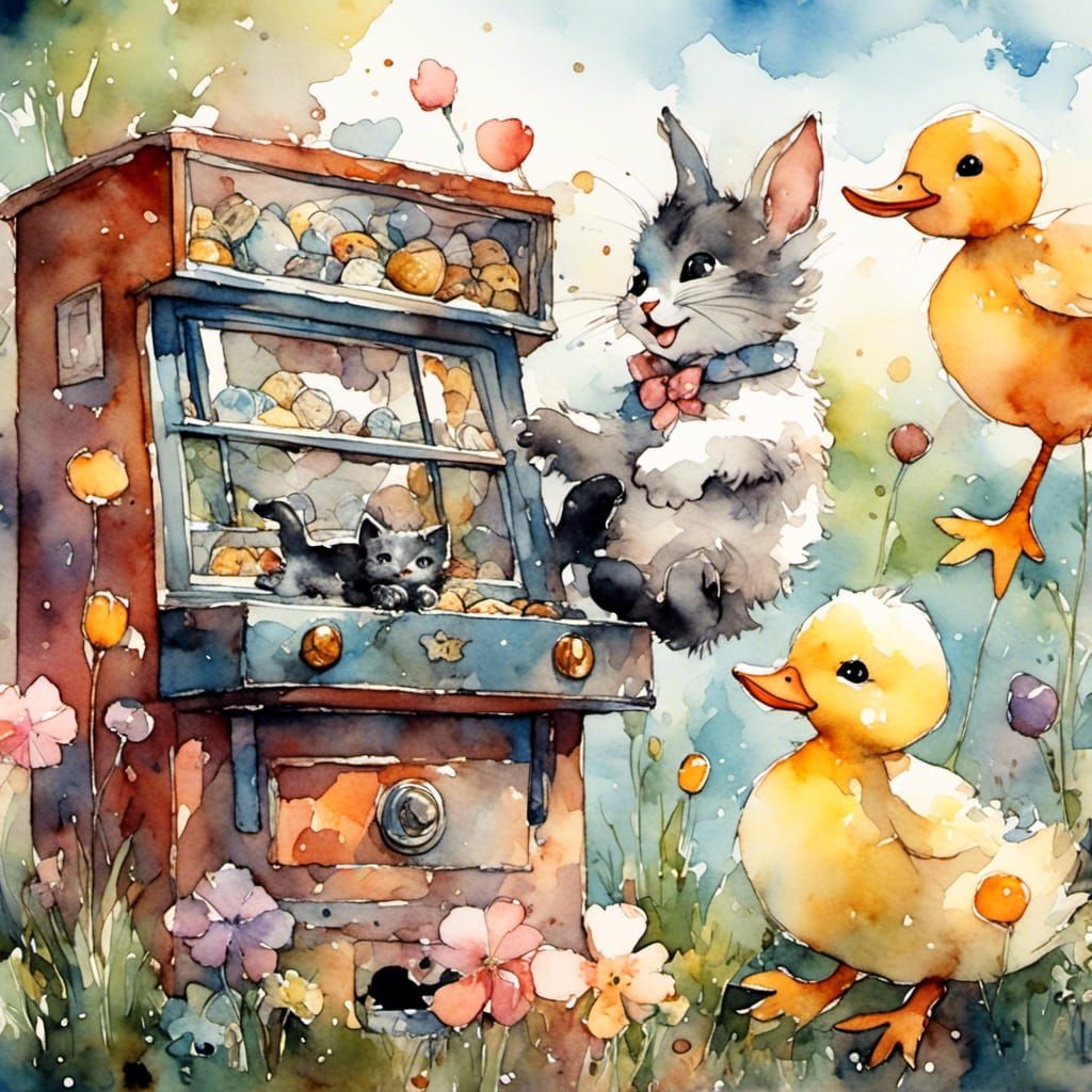 Kitten, Bunny, and Duckling Play One-Armed Bandit