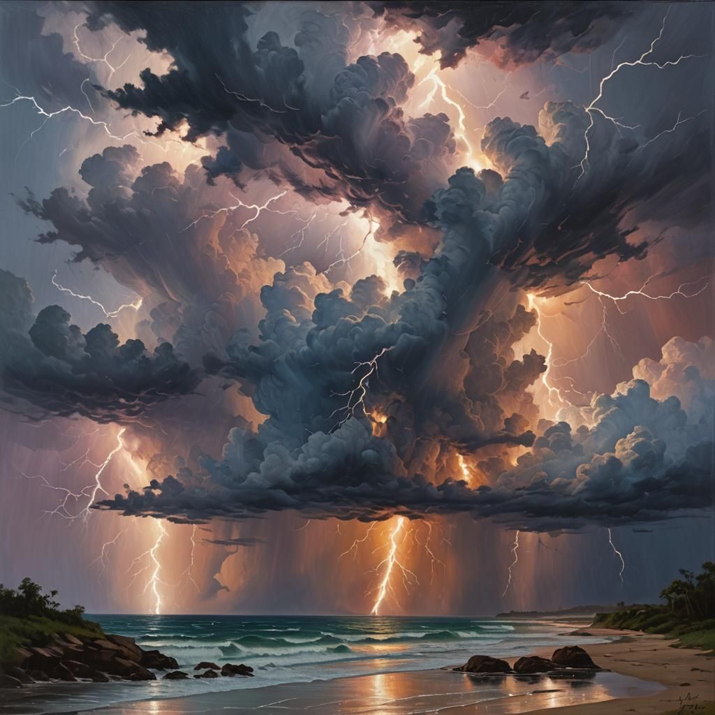Dramatic Lightning Storm Oil Painting