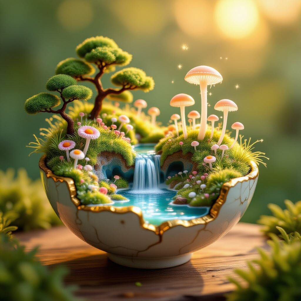 Whimsical Microbial Ecosystem in Kintsugi Bowl