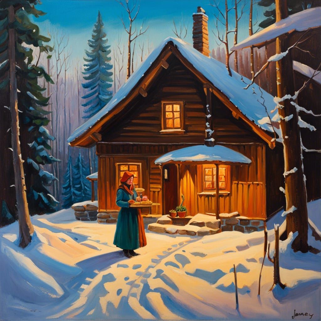 Cozy Winter Cabin in Forest, Oil Painting