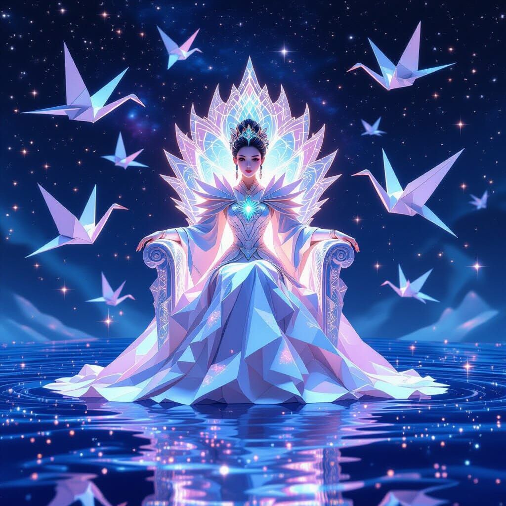 Origami Empress Commands Cosmic Fleet in 3D Anime Style