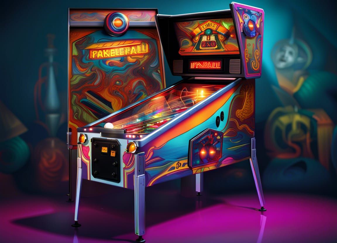 Hyperrealistic 80's Pinball Arcade Hall Concept Art