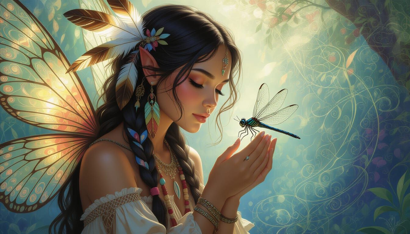 Native American Fairy with Dragonfly in Dreamlike Setting
