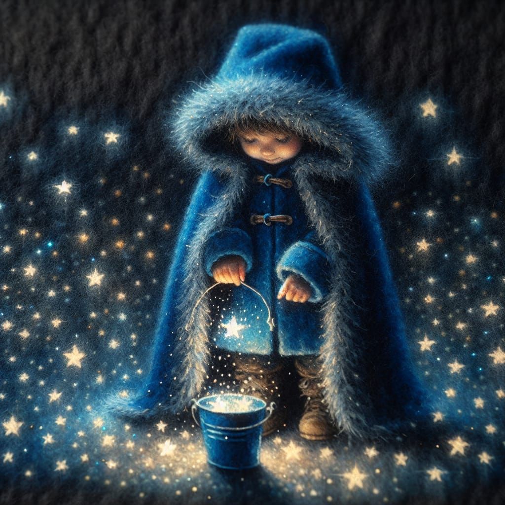 Stargazer Collecting Fallen Stars: Oil Painting on Felt