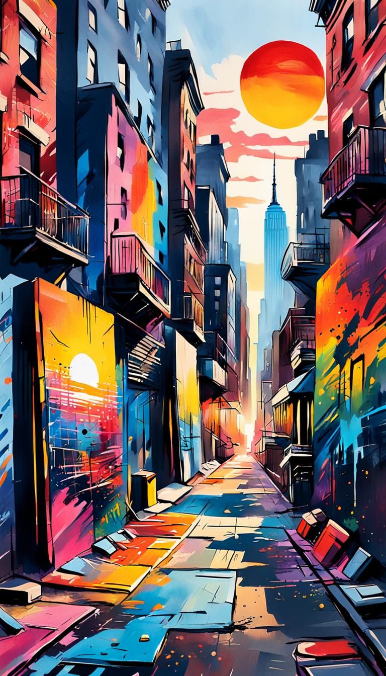 Abstract Street Art Sunset in Gouache Style