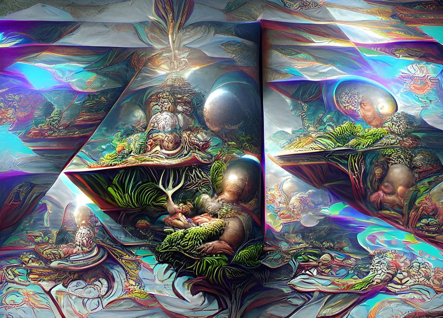 Ayahuasca Visions: Mirrored Multiverse in Cel-Shaded Style