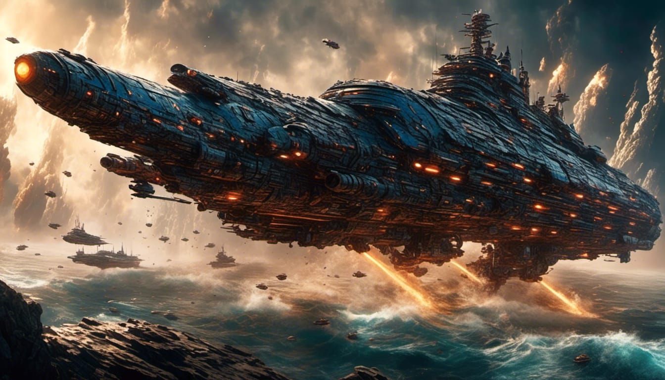 Futuristic Space Battleship Cruises Through Stars with Advan...