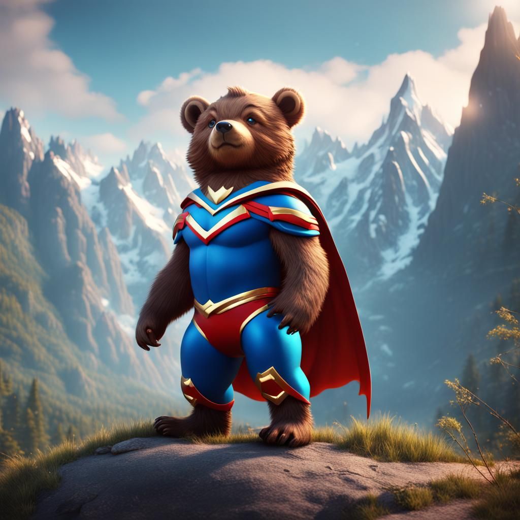 cute superhero bear with a mountain background