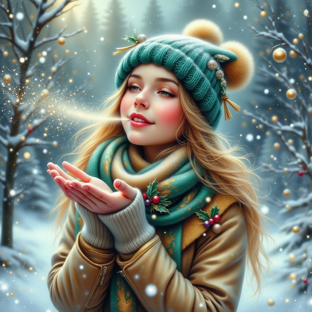 Woman Blowing Snowflakes in Pastel Christmas Garden