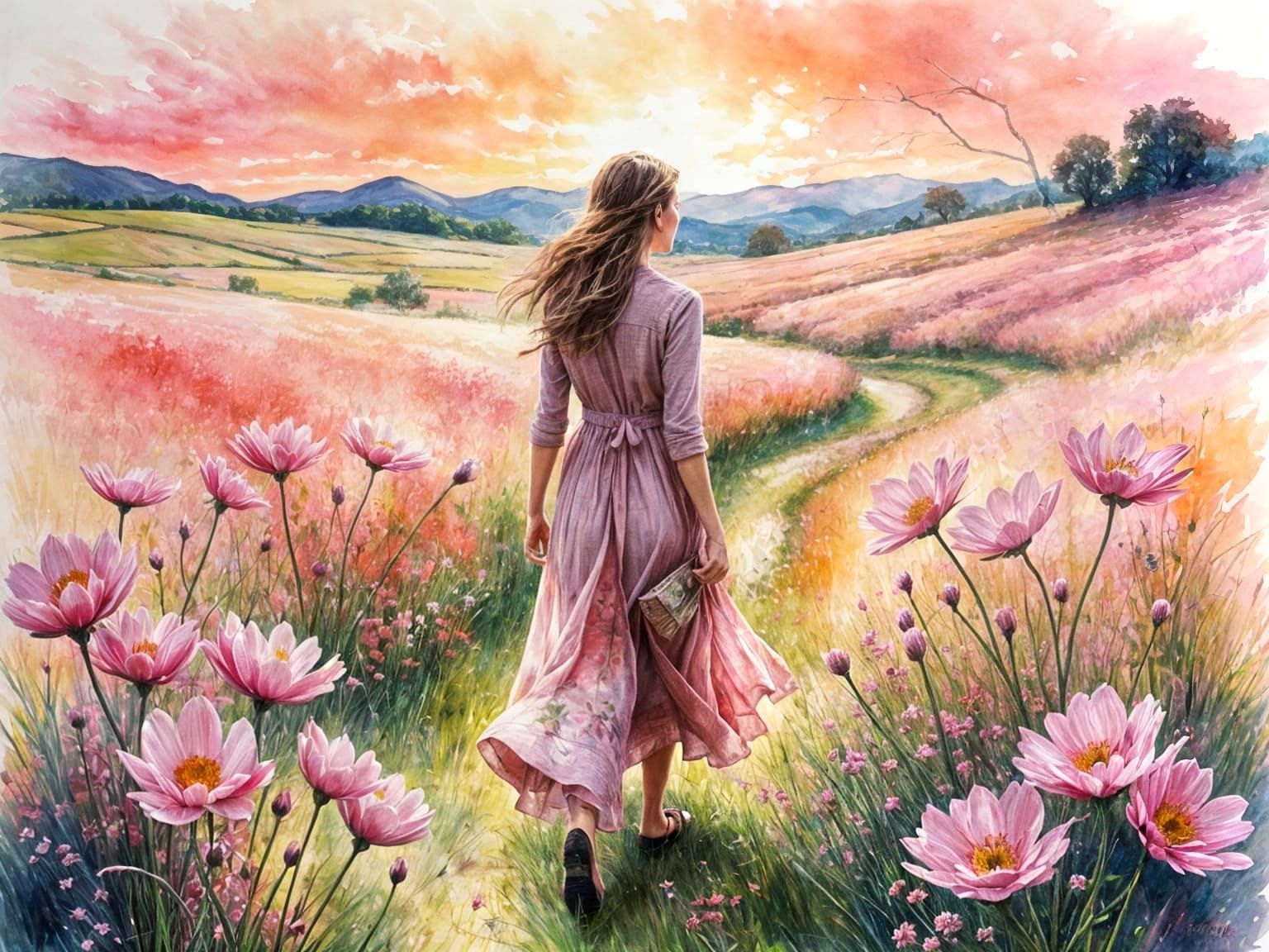 Pink Flowers Field: Watercolor Landscape Inspired by Waterho...