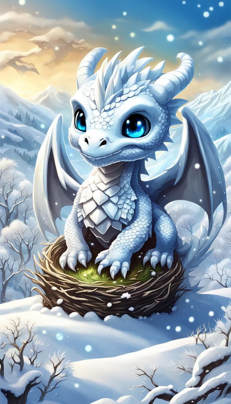 Chibi White Dragon in Snowy Mountain Landscape