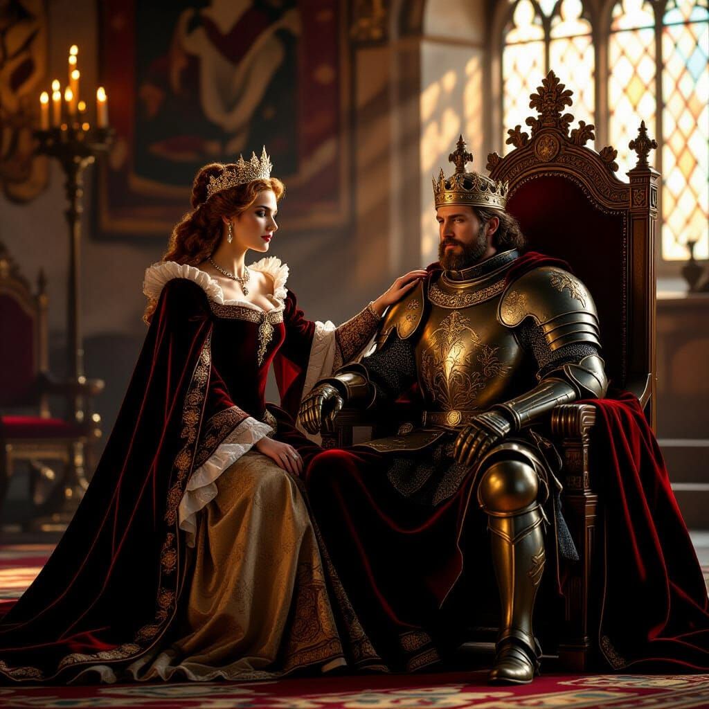 Regal Queen Comforts Weary King on Throne