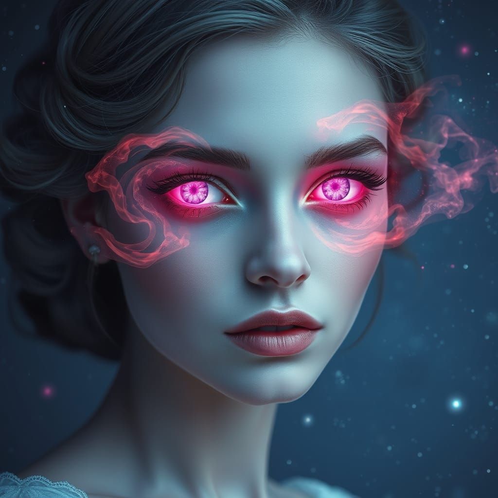 Ethereal Lady with Vibrant Pink Nebula Eyes
