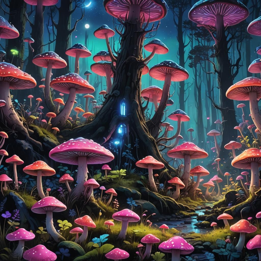 Starry Night Forest with Fluorescent Rainbow Mushrooms