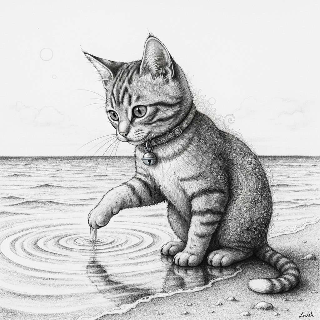 Whimsical Kitten Dipping Paw: Charcoal Drawing