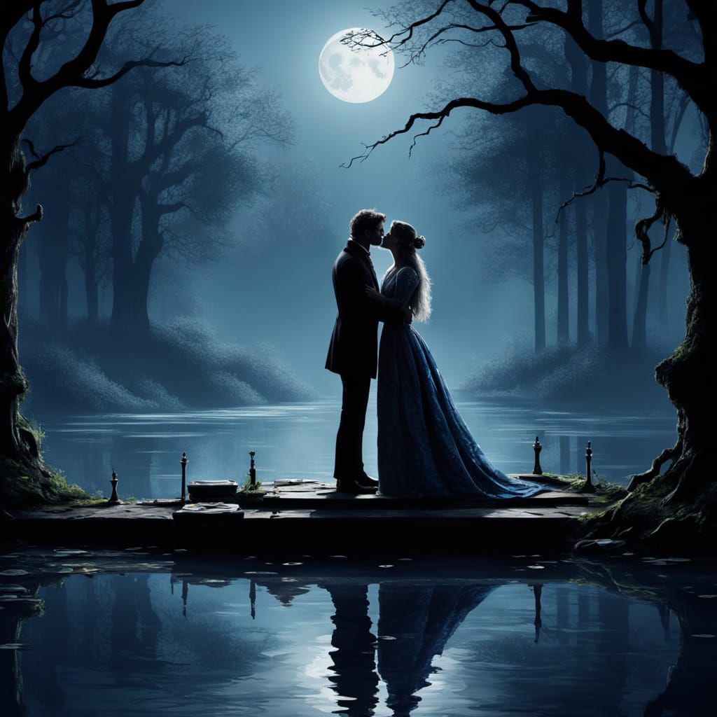 Romantic Kiss in Moonlit Victorian Mansion