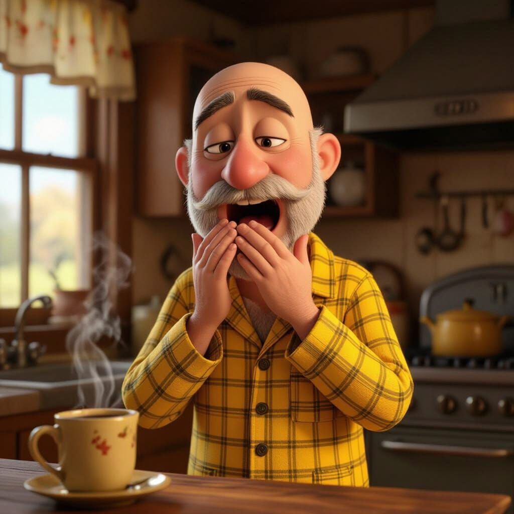 Tired Elderly Man Yawning in Pixar Style