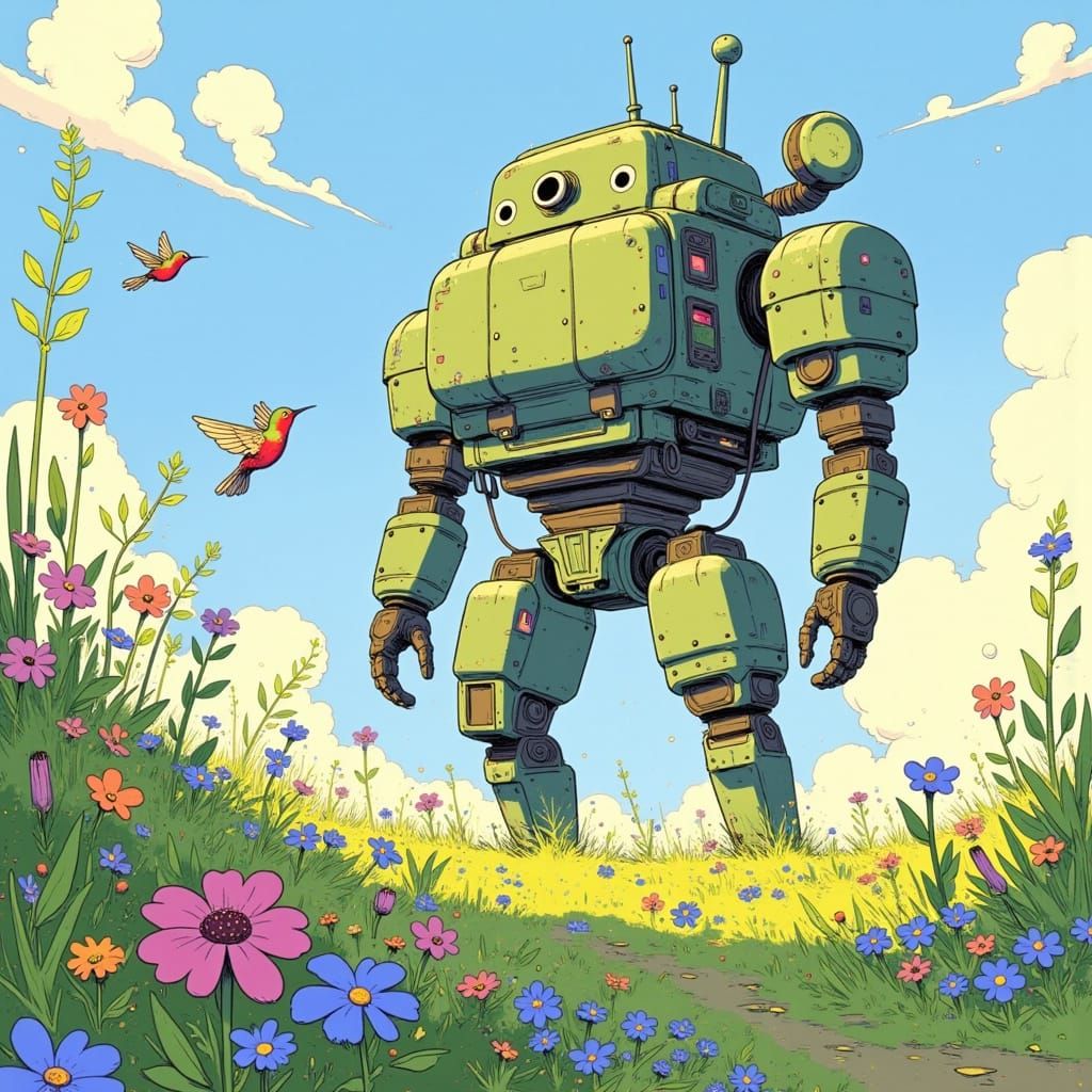A Futuristic Robot Reigns in a Vibrant Floral Landscape