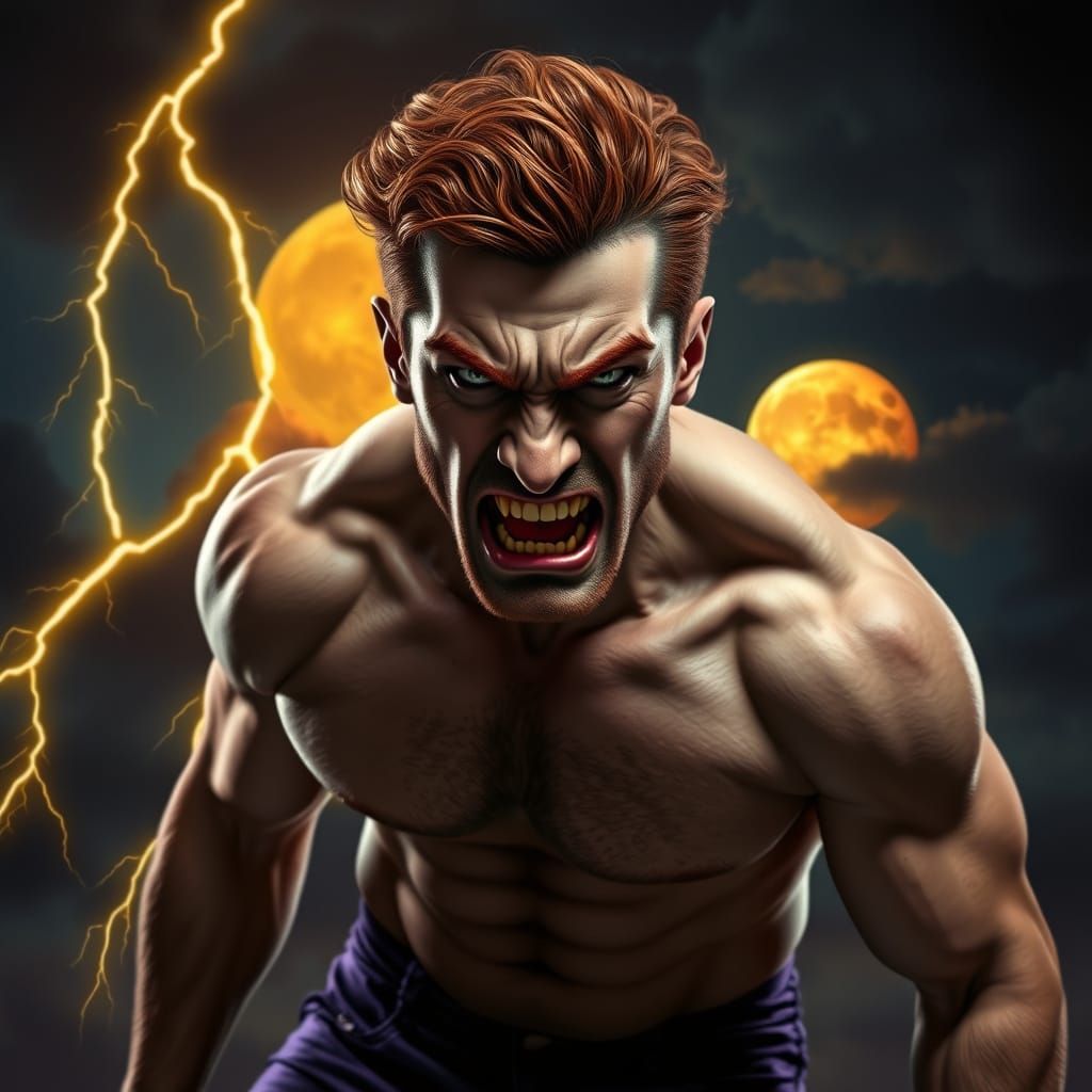 Angry Man Portrait with Stormy Night Backdrop