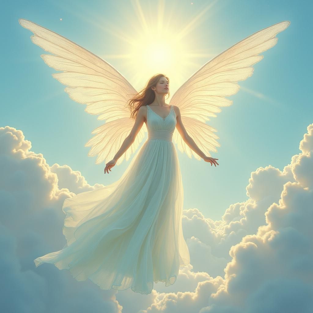 Ethereal Glass Angel in Sky, Impressionistic Style