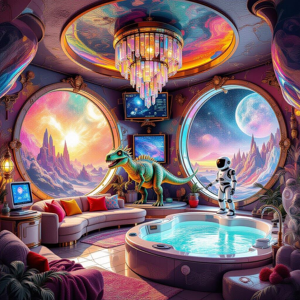 Futuristic Bedroom with Dinosaur Sculpture in Vivid Sketch S...