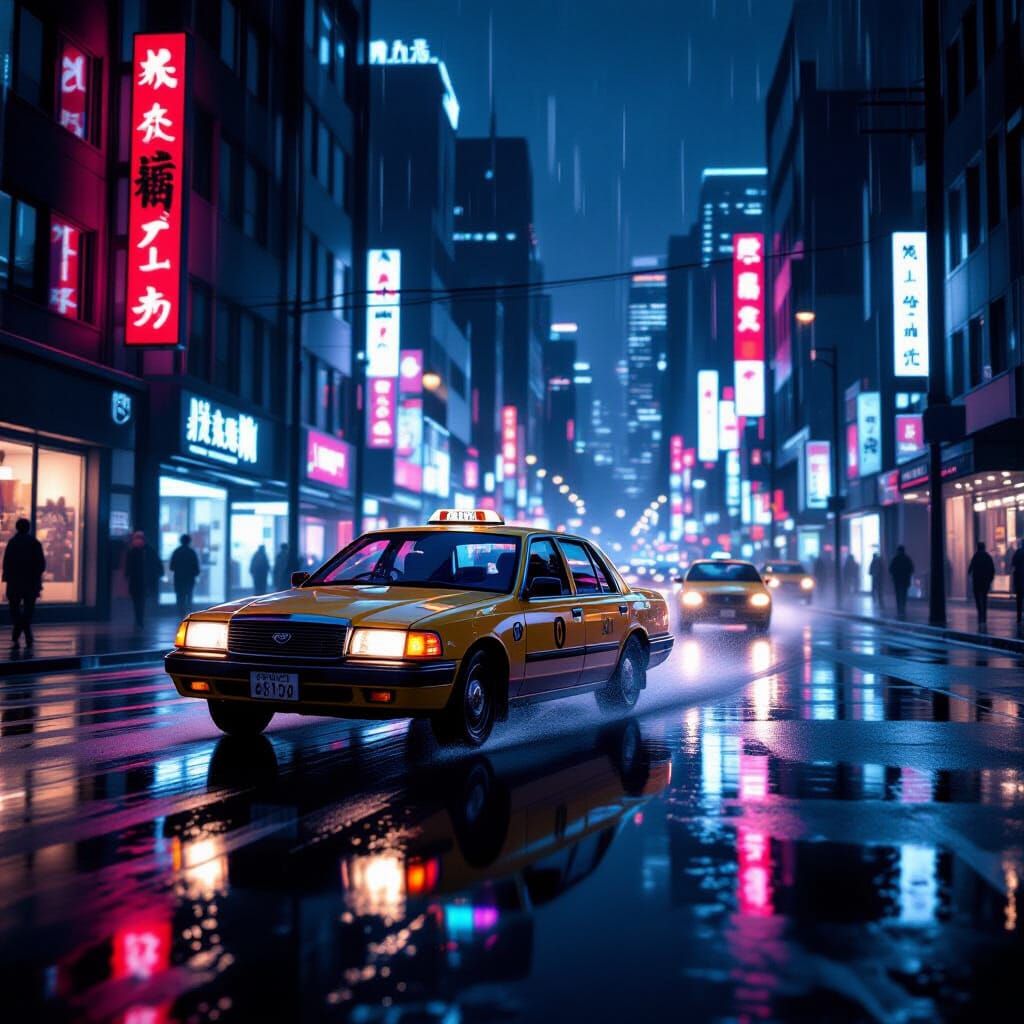Neon Reflections on Rainy City Street at Night