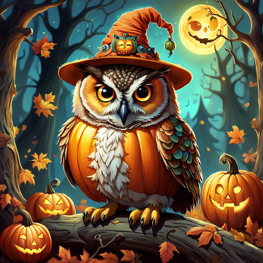 Whimsical Owl in Pumpkin Hat on Jack-o'-Lantern