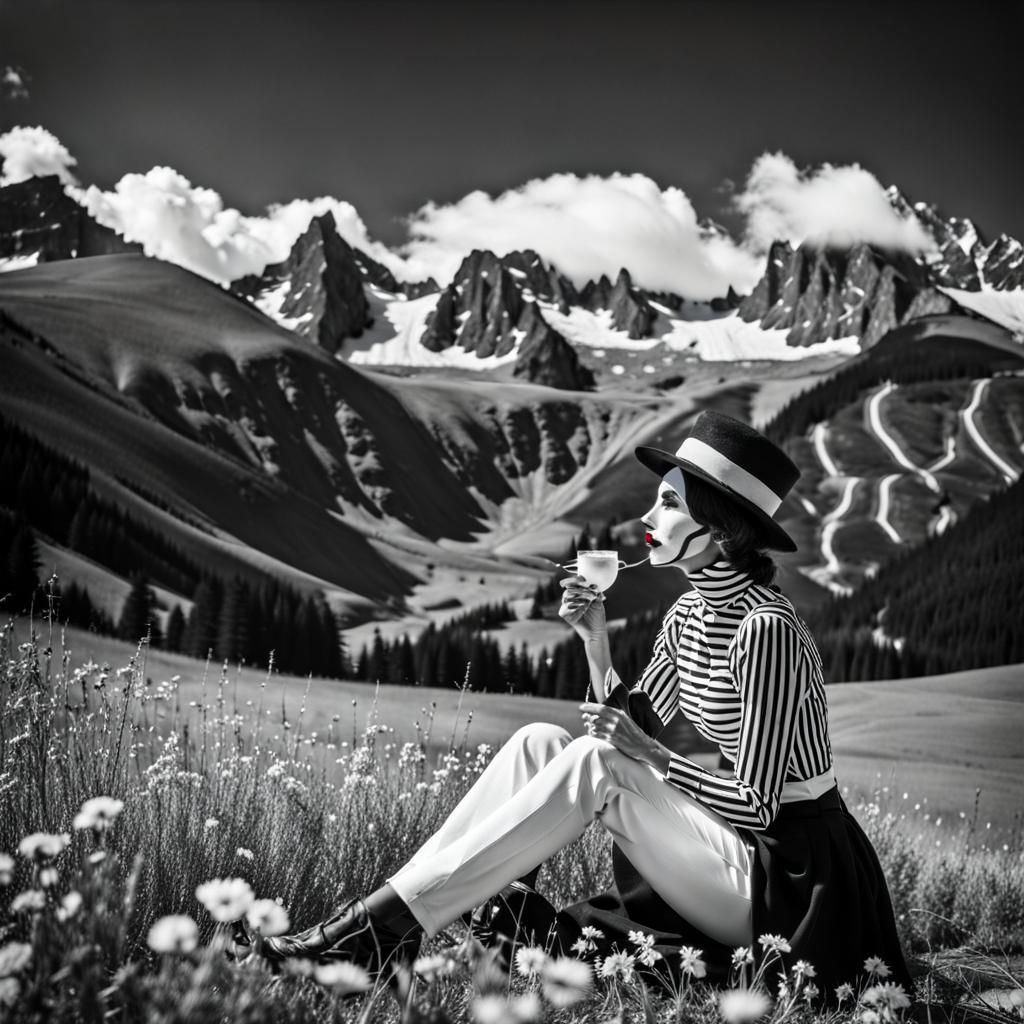 Elegant Mime Picnic in High Alpine Landscape