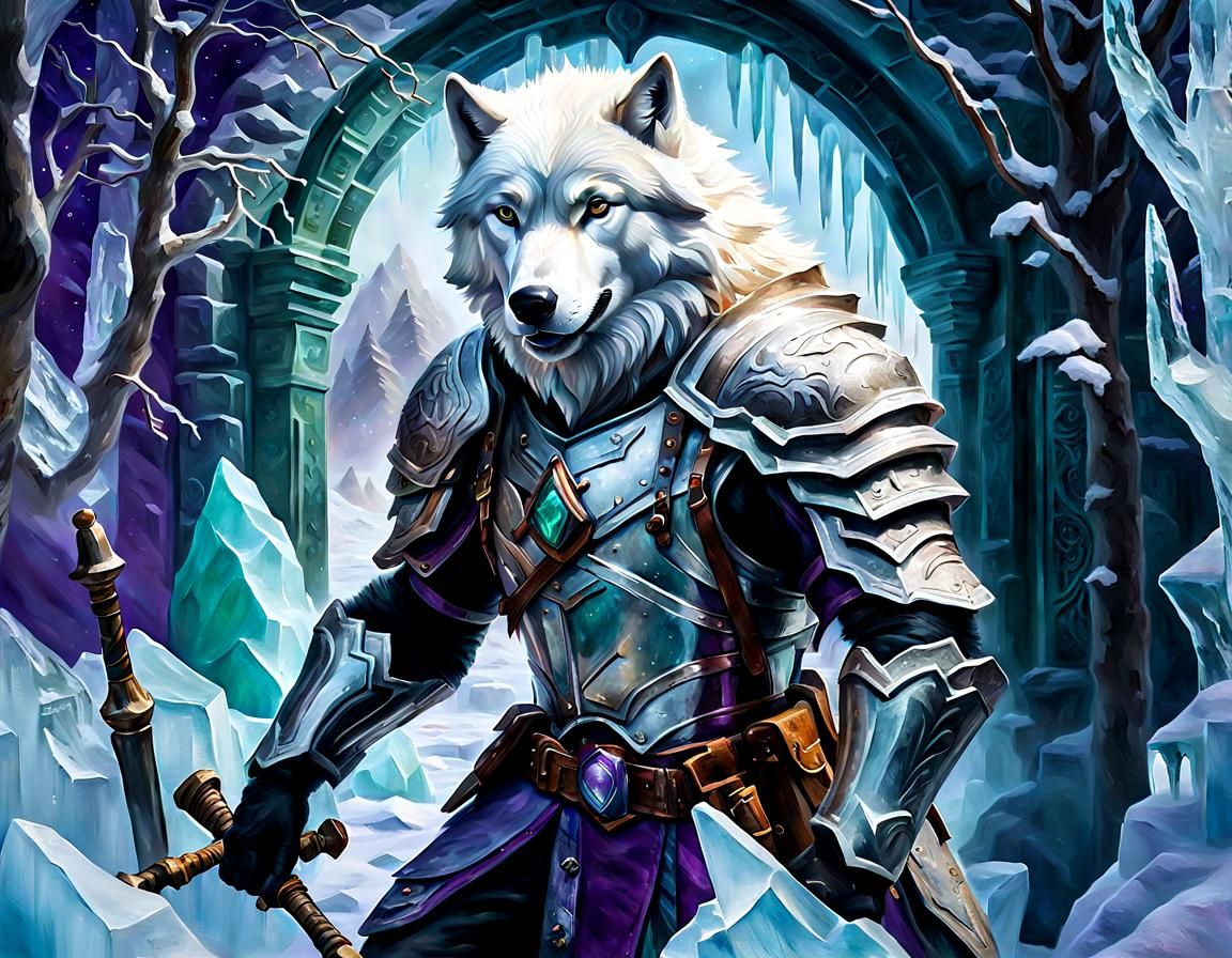 Icy Knight and Wolf in Frozen Arctic Landscape