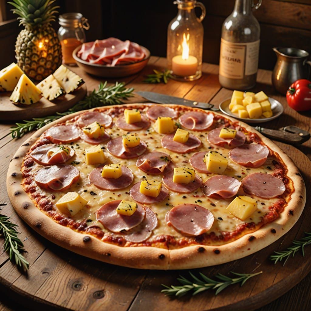 Steaming Ham and Pineapple Pizza in Cozy Kitchen
