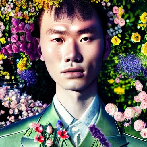 Young Farmer Portrait with Crystal Gems and Flowers